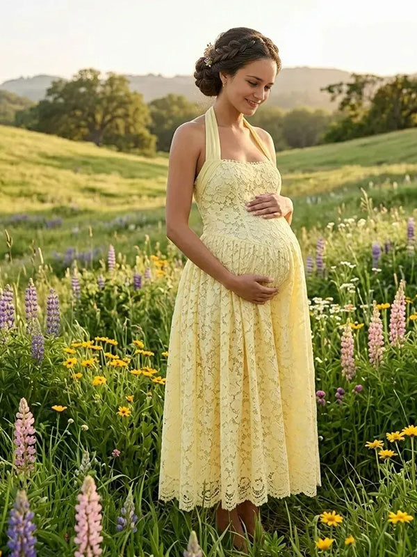 Romantic baby shower outfit with yellow lace maxi dress