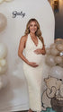 Butter Yellow Lace Maternity Dress with Halter V-Neck and Bodycon Fit | Bumplook