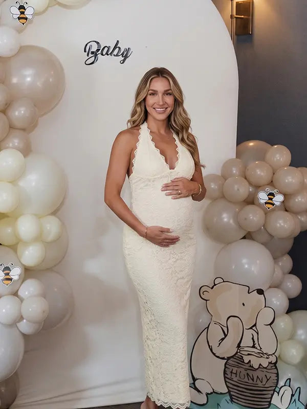 Butter Yellow Lace Maternity Dress with Halter V-Neck and Bodycon Fit | Bumplook