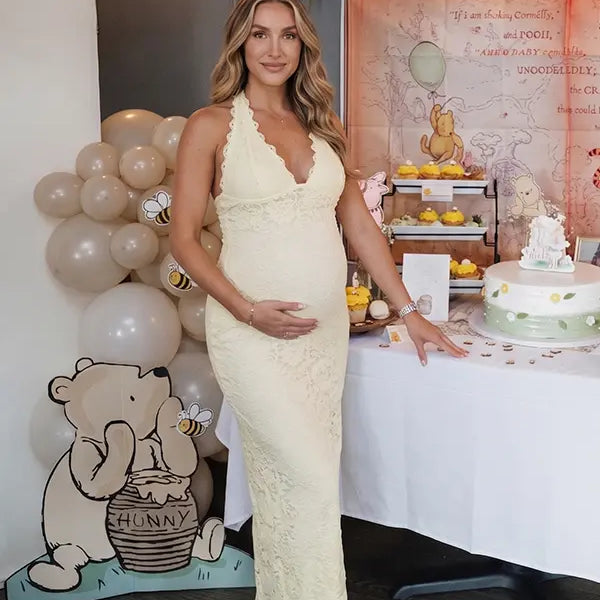 Yellow Halter Lace Maternity Maxi Dress with Bump-Hugging Silhouette | Bumplook