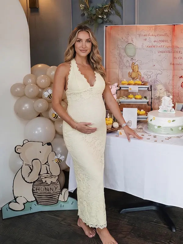 Yellow Halter Lace Maternity Maxi Dress with Bump-Hugging Silhouette | Bumplook
