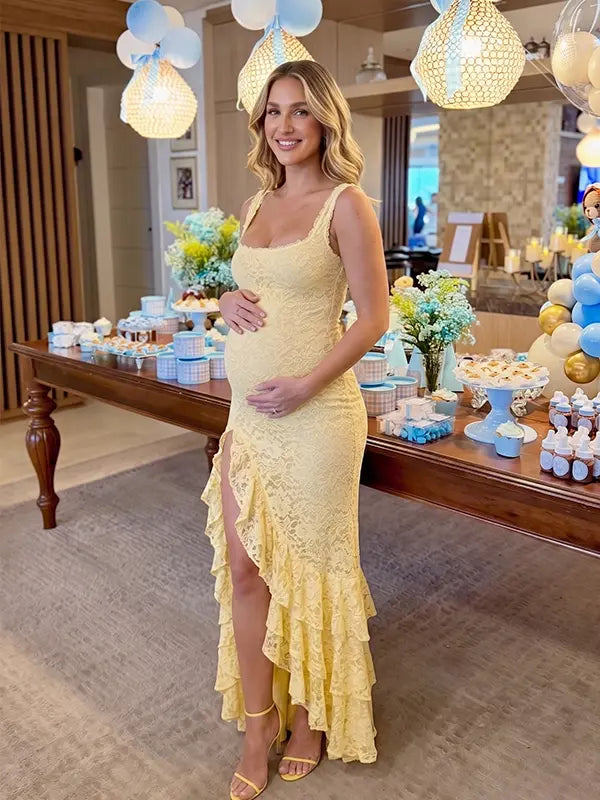 Soft Yellow Lace Maternity Gown with Square Neck, Mermaid Fit and High-Low Ruffle Hem | Bumplook