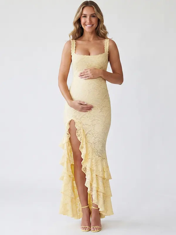Yellow Lace Maternity Dress, Ruffle Mermaid Pregnancy Gown for Baby Shower and Maternity Photoshoot | Bumplook
