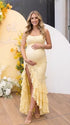 Yellow Mermaid Maternity Dress with Floral Lace, Adjustable Straps and Layered Ruffle Hem | Bumplook