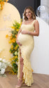 Yellow Mermaid Maternity Dress with Floral Lace, Adjustable Straps and Layered Ruffle Hem | Bumplook