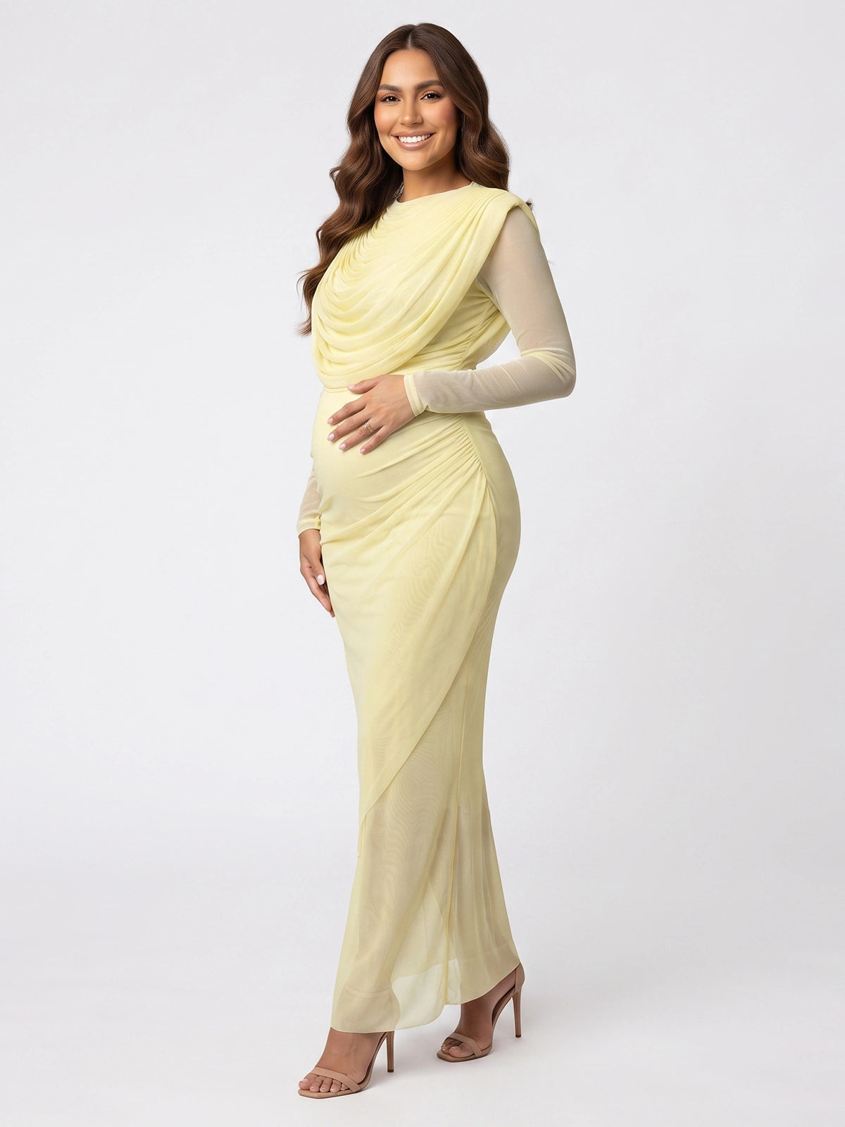 Pale Yellow Maternity Photoshoot Dress, Ruched Pregnancy Dress for Baby Shower, Gender Reveal, Pregnancy Announcement, Formal Events | Bumplook