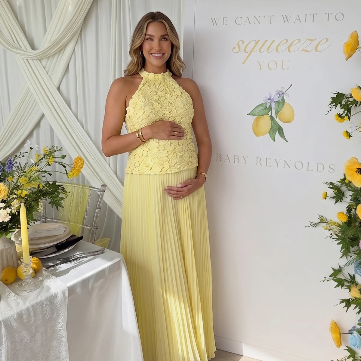 Yellow 3D Floral Halter Maternity Maxi Dress with Pleated Skirt | Bumplook