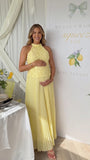 Yellow 3D Floral Halter Maternity Maxi Dress with Pleated Skirt | Bumplook