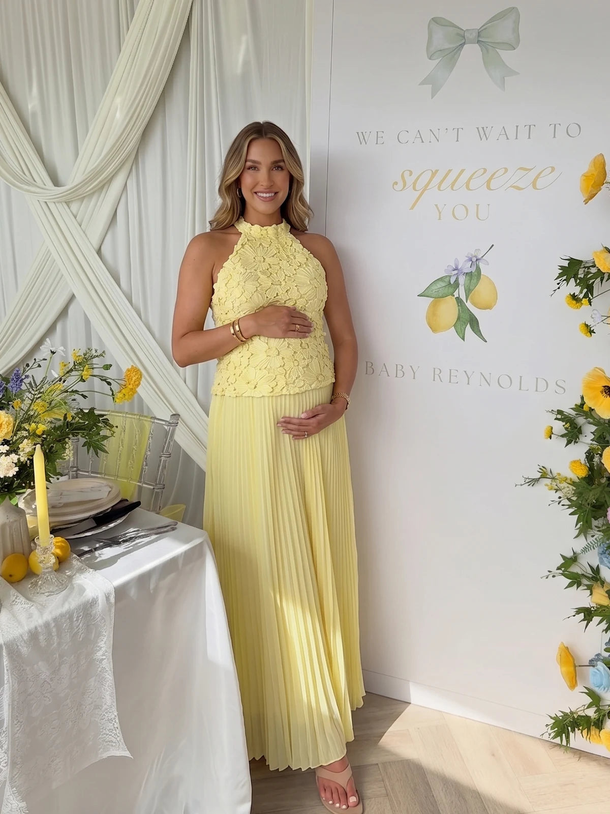 Yellow 3D Floral Halter Maternity Maxi Dress with Pleated Skirt | Bumplook
