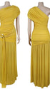 Butter yellow one shoulder maternity gown with ruched bodice and high slit for baby shower photography