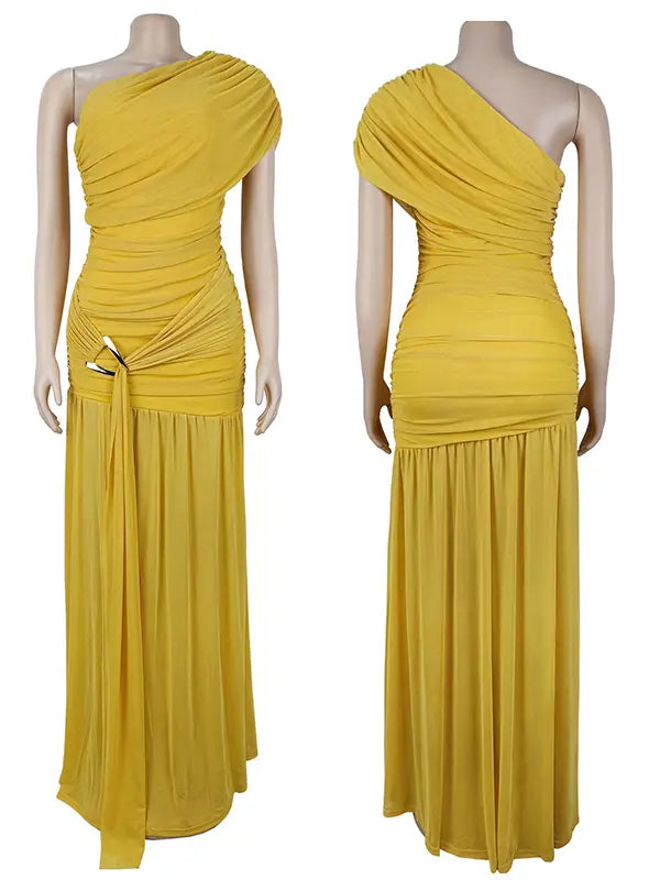 Butter yellow one shoulder maternity gown with ruched bodice and high slit for baby shower photography