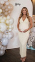 Butter Yellow Lace Maternity Dress with Halter V-Neck and Bodycon Fit | Bumplook