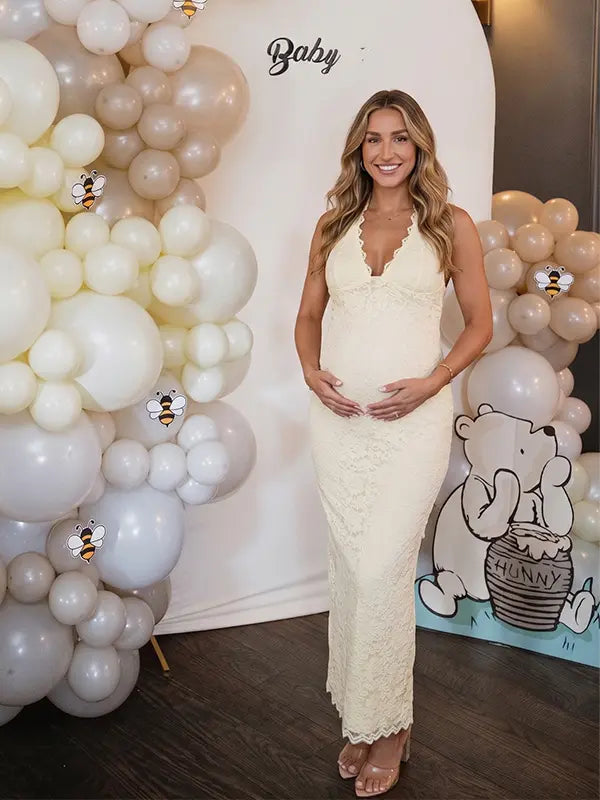 Butter Yellow Lace Maternity Dress with Halter V-Neck and Bodycon Fit | Bumplook