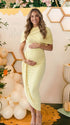 yellow ruched maternity midi dress with matching shawl and bodycon silhouette