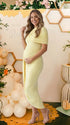 yellow ruched maternity midi dress with matching shawl and bodycon silhouette
