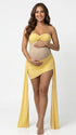 yellow strapless maternity mini dress with ruched skirt and draped side panels