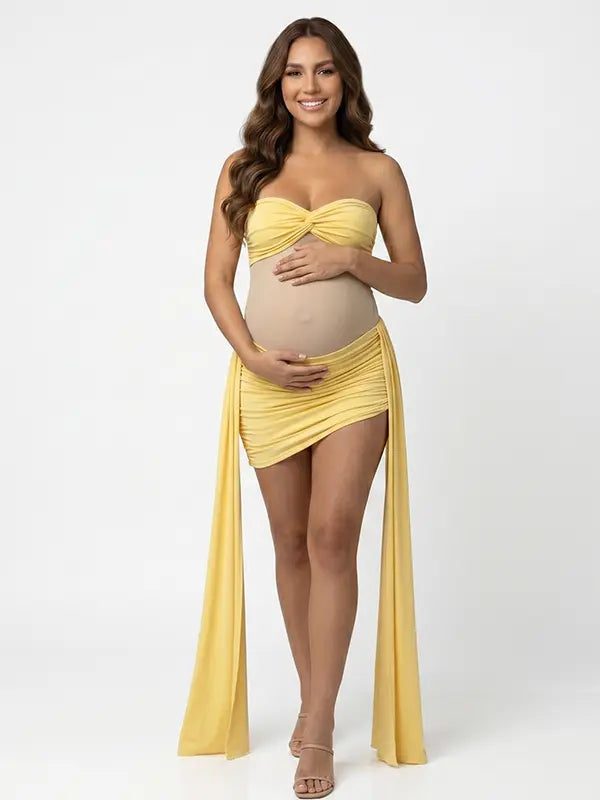 yellow strapless maternity mini dress with ruched skirt and draped side panels