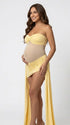 yellow strapless maternity mini dress with ruched skirt and draped side panels