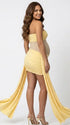 yellow strapless maternity mini dress with ruched skirt and draped side panels