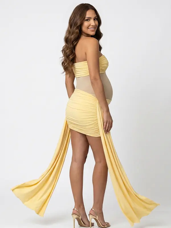 yellow strapless maternity mini dress with ruched skirt and draped side panels