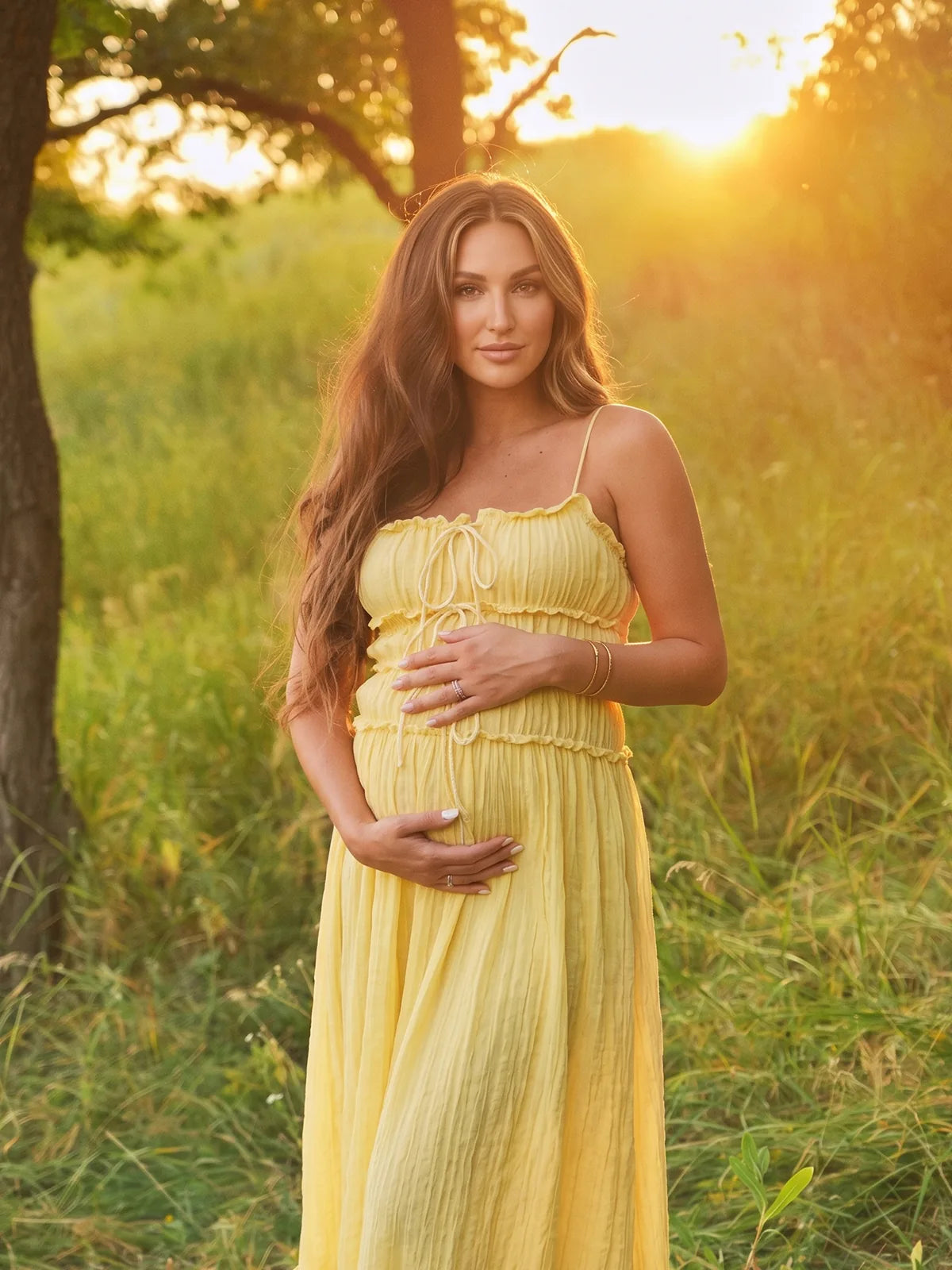 Yellow Bow Front Pregnancy Dress with Gathered Bodice | Bumplook