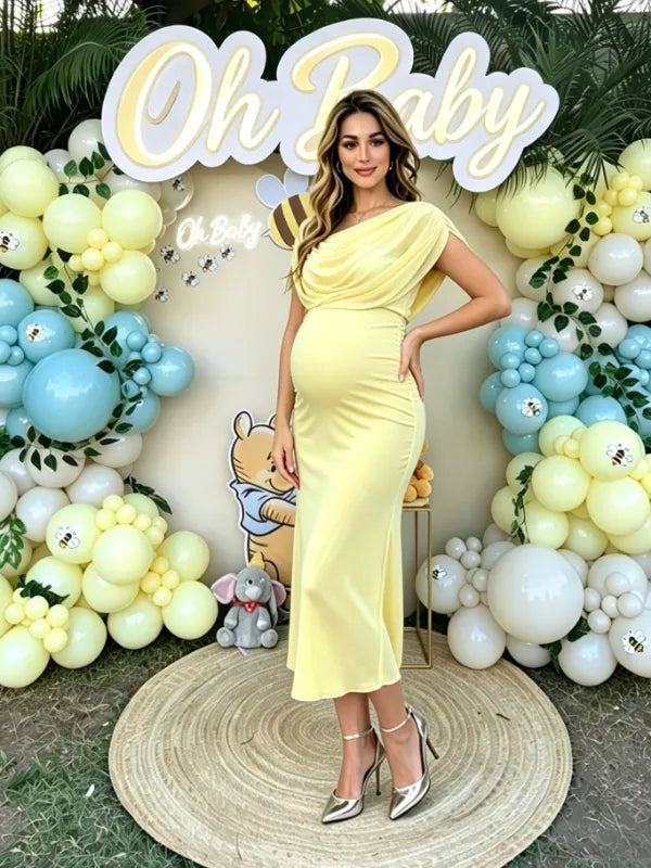 Light Yellow Ruched Backless Bodycon Maternity Maxi Dress
