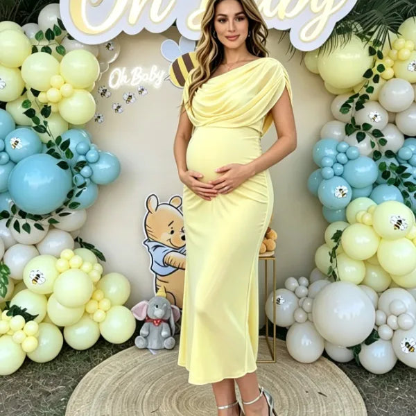 Light Yellow Ruched Backless Bodycon Maternity Maxi Dress