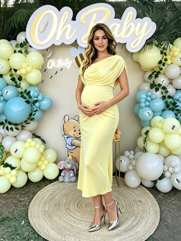 Light Yellow Ruched Backless Bodycon Maternity Maxi Dress